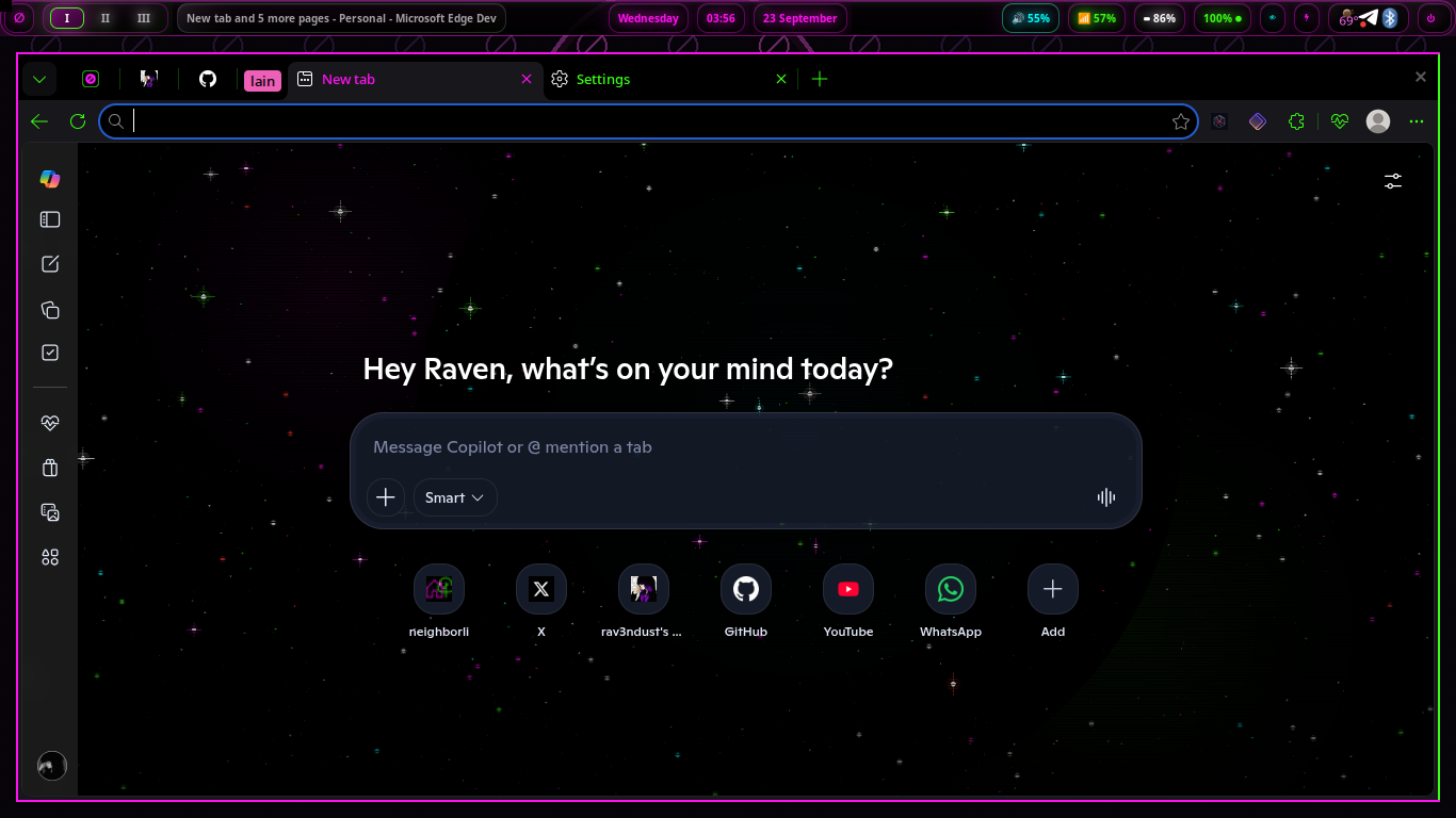 Microsoft Edge Dev running on navi with the nightshadeNeon theme applied