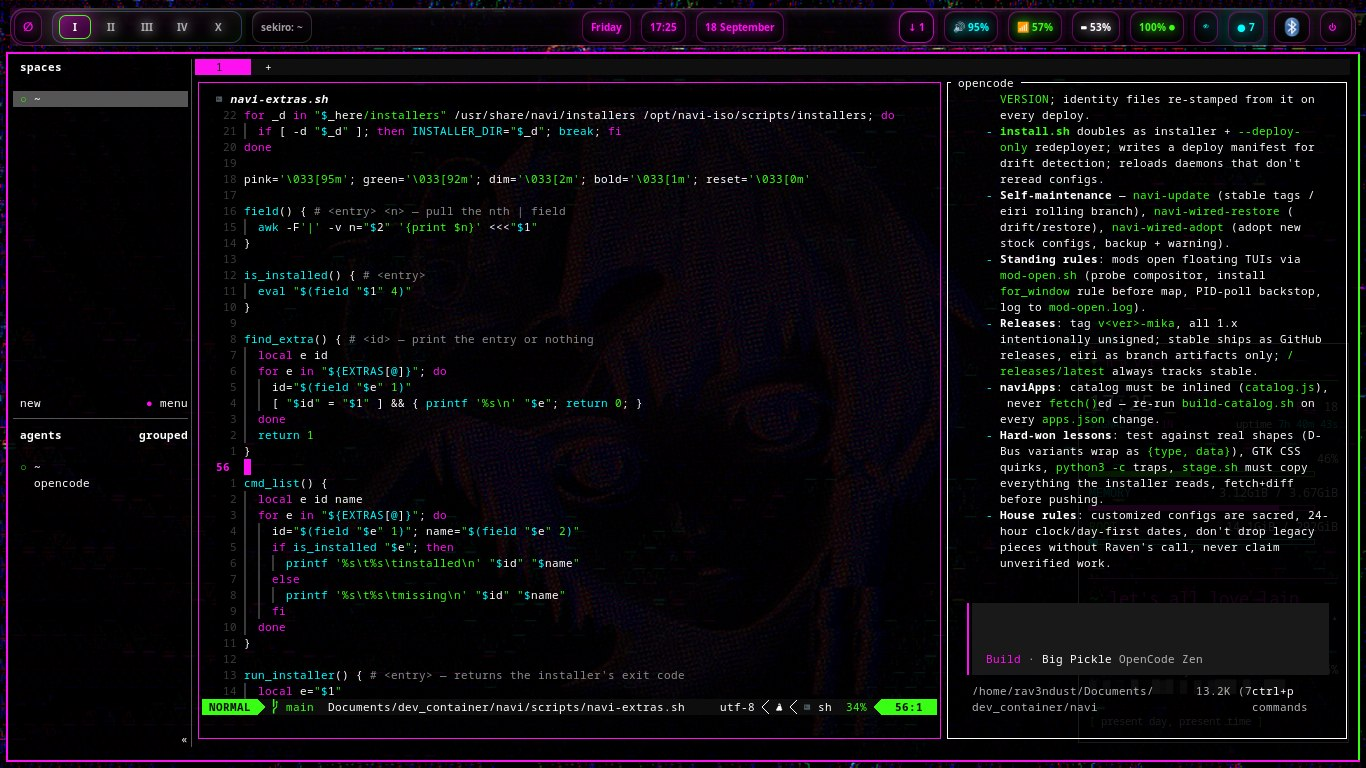 herdr tiling NaviVim and an opencode agent side by side in the terminal