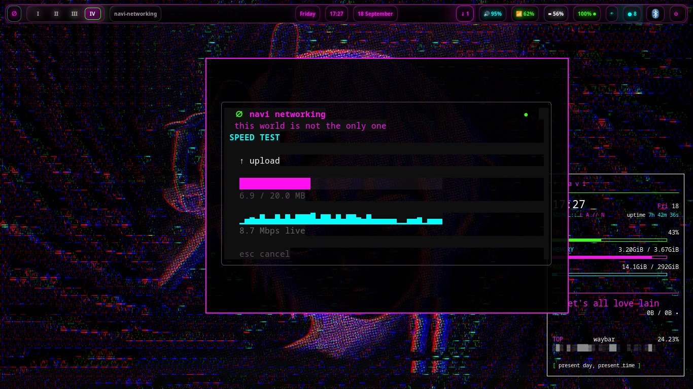 the navi-networking mod running a live speed test in a floating terminal