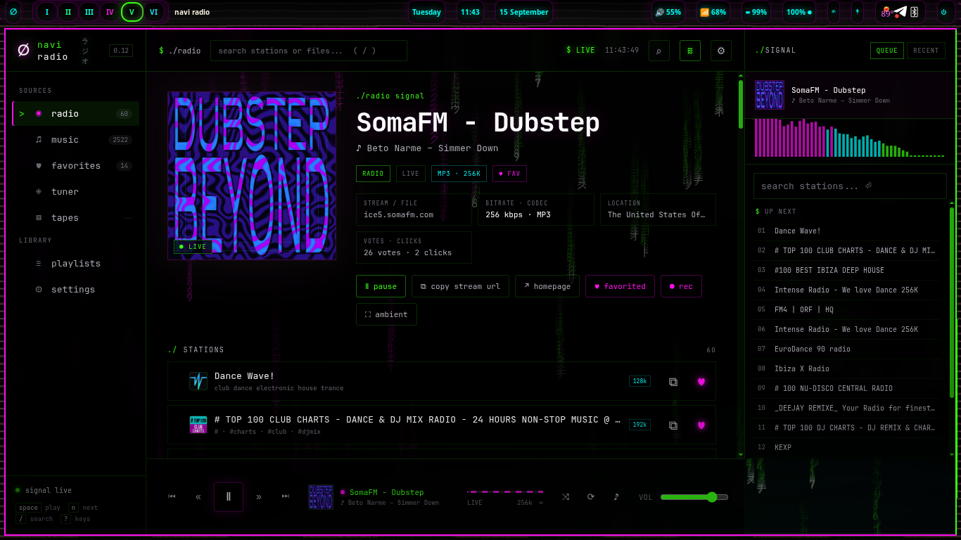 navi radio playing a station in its nightshadeNeon interface