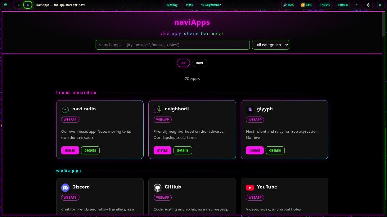 The local naviApps web interface with search, categories and app cards