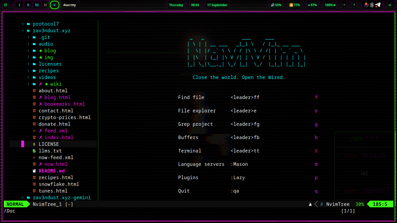 NaviVim dashboard: neon logo, shortcut menu, file explorer