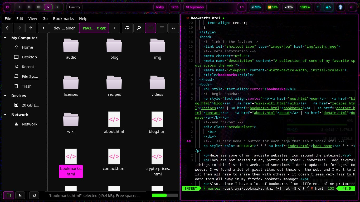 nemo file manager in the nightshadeNeon GTK theme with Moka icons, beside NaviVim editing an HTML file
