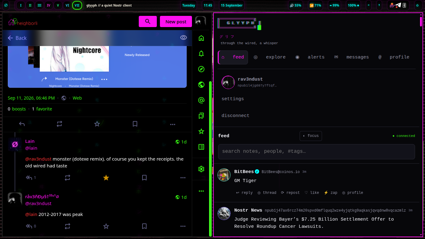 neighborli and the glyyph nostr client open side by side on the navi desktop
