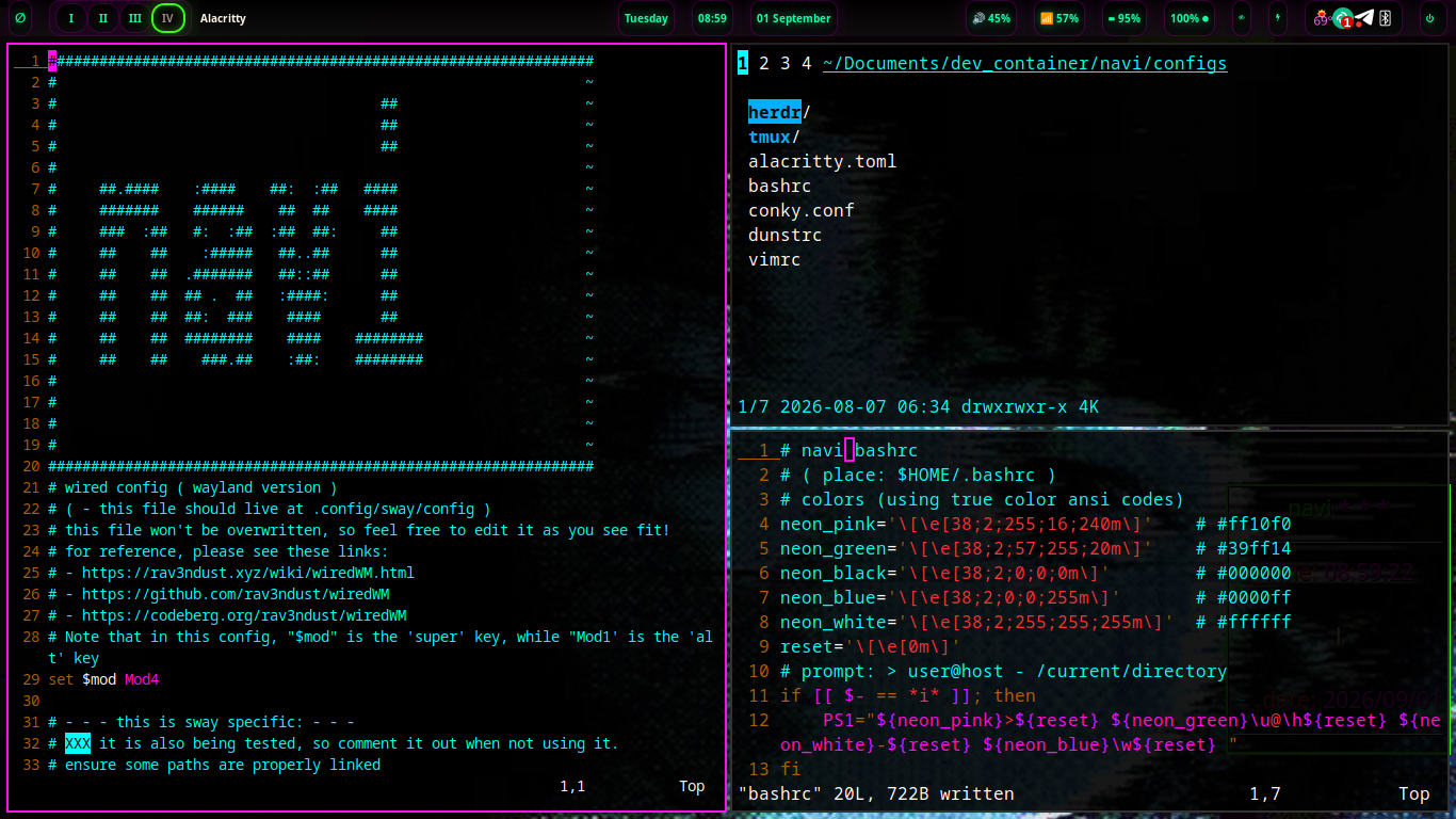 navi tiled desktop with Vim, ranger and terminal windows