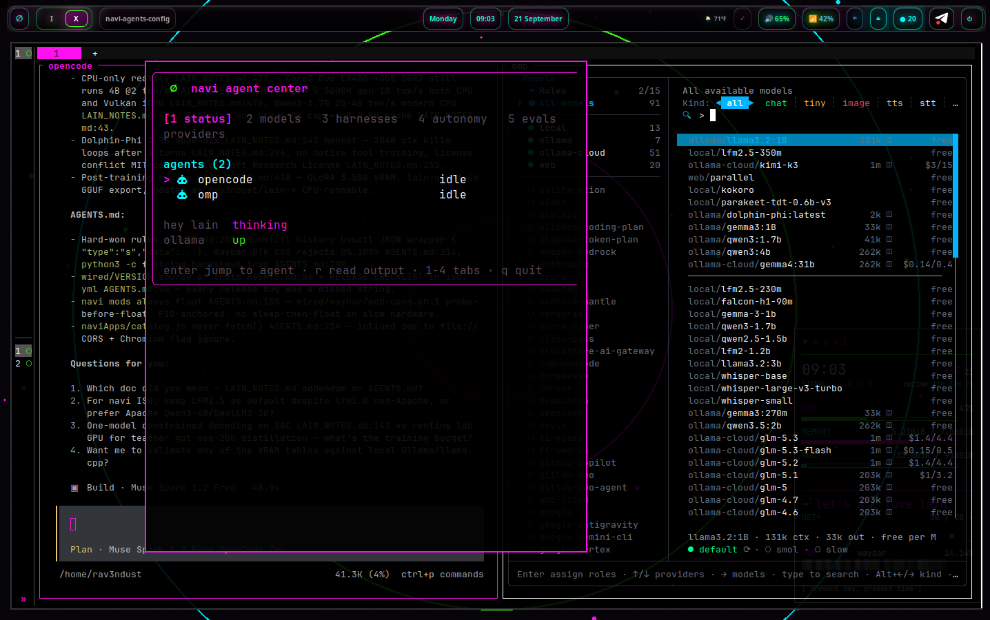 The agent center live on a real navi desktop — the status tab floating over opencode and omp agent sessions, waybar glowing above